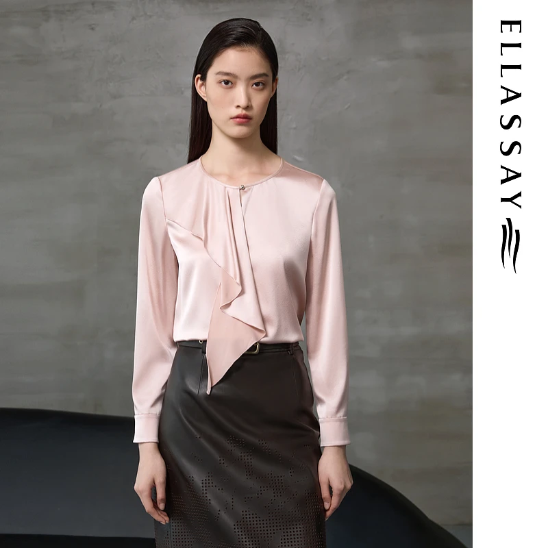 ELLASSAY歌力思2025秋季新款桑蚕丝飘带叠片衬衫女EWF363C00800