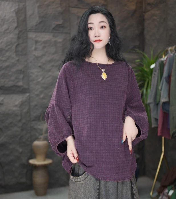 AA圆领宽松型吸汗常规极简风T恤格子休闲百搭提花上衣女