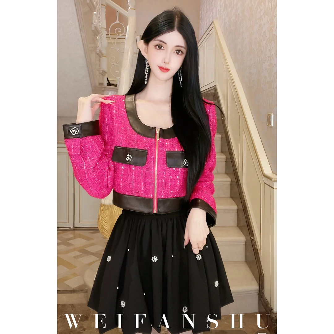 WEIFANSHU/魏凡舒【爱豆准则】夏季新款小羊皮拼接短款小香风外套