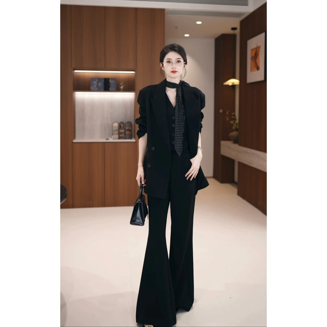 【丢丢】休闲通勤韩版高腰阔腿裤马甲西装时尚三件套装XZ236