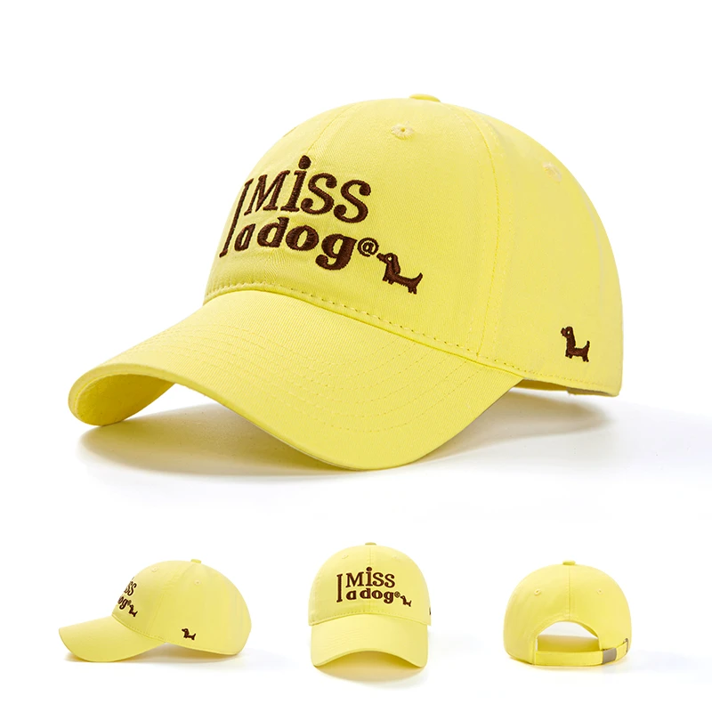 新款美式春夏字母小狗刺绣大头围棒球帽男鸭舌帽女黄色亮色太阳帽