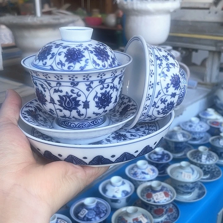 青花釉下彩盖碗杯子壶承
