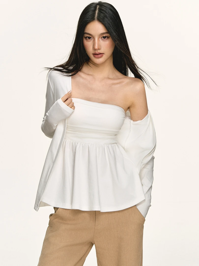 anna aneae白色花苞针织套装女早秋带胸垫背心吊带外搭开衫两件套