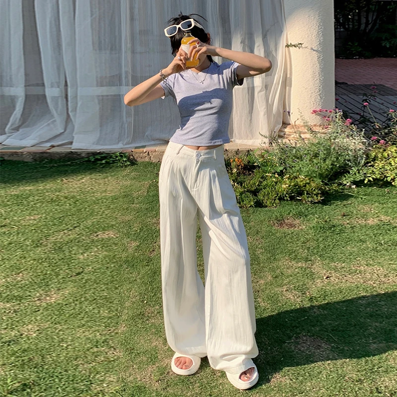 白色纹理感阔腿牛仔裤女2025春夏新款褶皱高腰宽松百搭垂感拖地裤