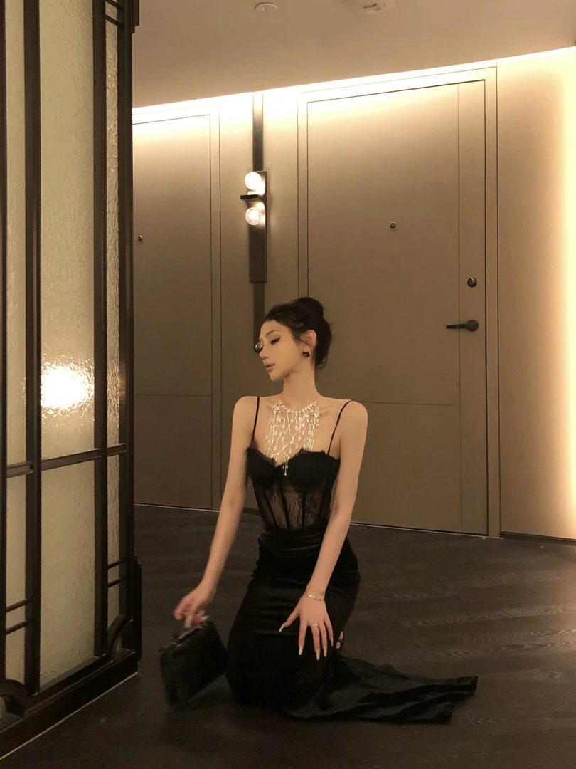 ChiclyNana欧美辣妹抹胸连衣裙重工鱼骨吊带蕾丝一字肩长款包臀裙