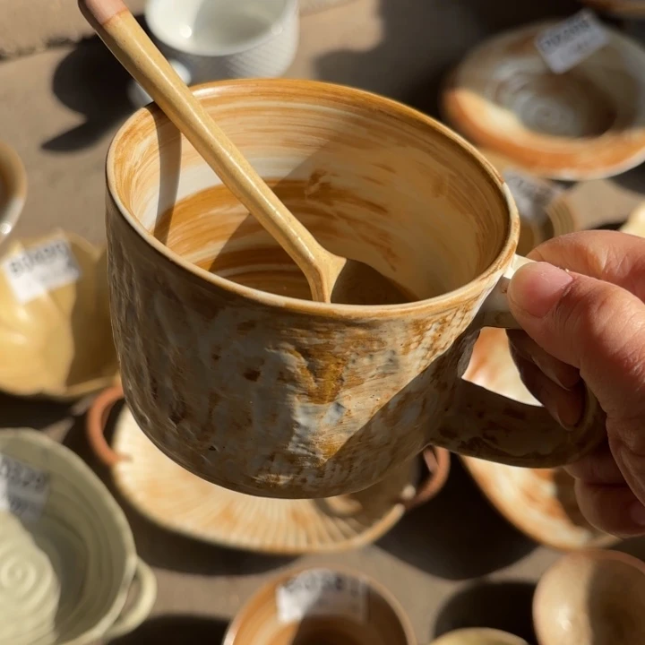 陶瓷粗陶咖啡杯微瑕，加粗陶勺子