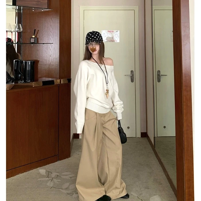 韩系慵懒风套装一字肩毛衣长袖针织衫女秋季宽松休闲裤长裤两件套