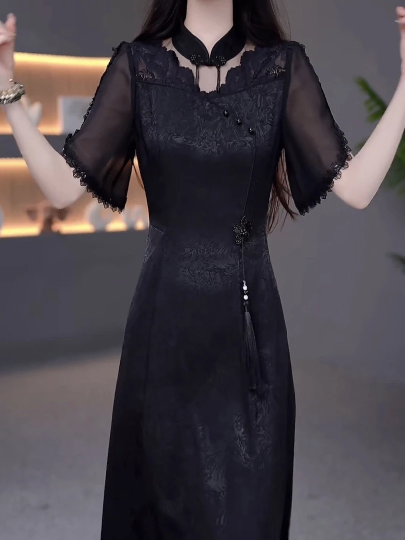 高级冰桑缎气质纯色新中式旗袍裙2025夏季新款蕾丝拼接修身旗袍女