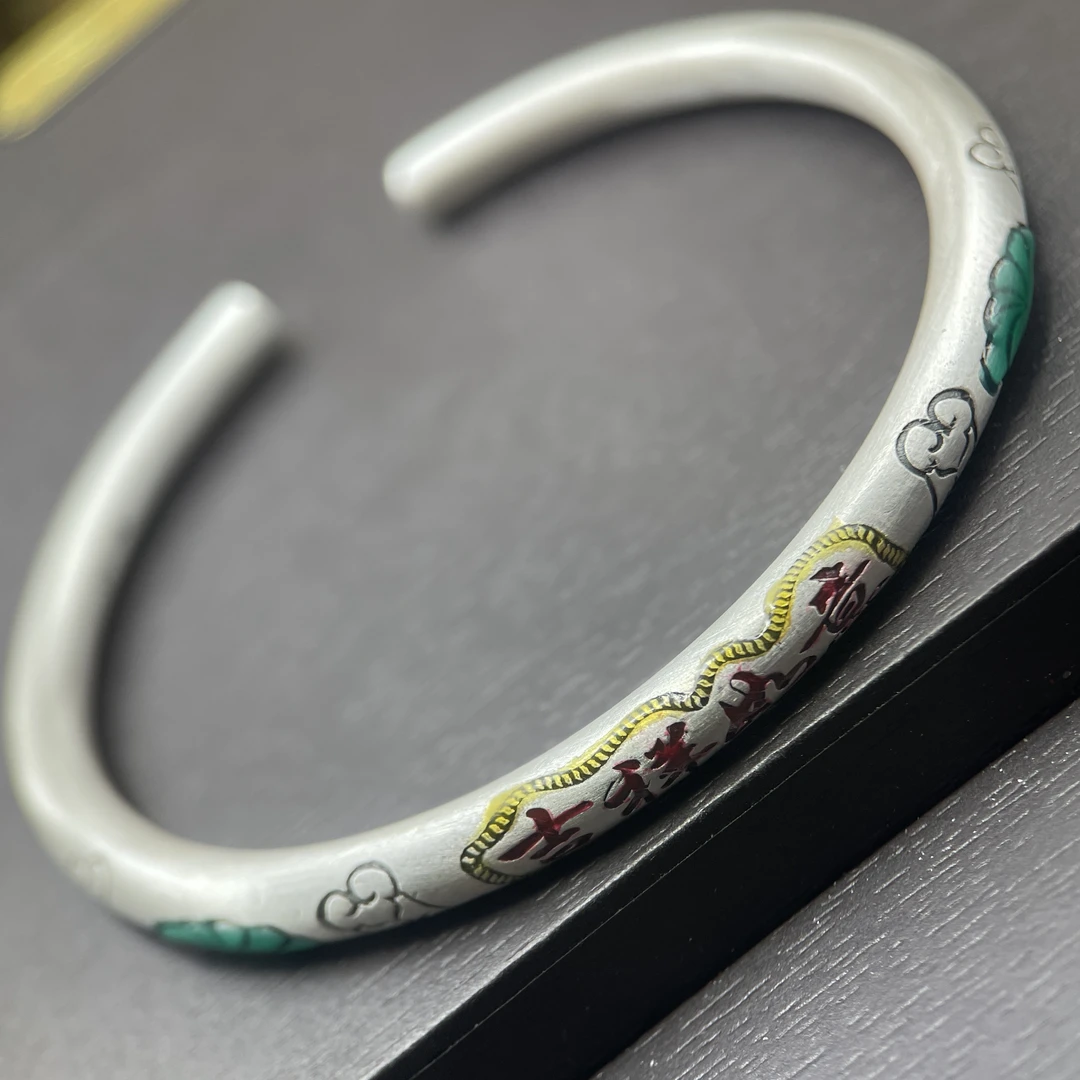 足银手镯 94号足银999.9复古哑光珐琅彩吉祥如意吉言可调节约29克
