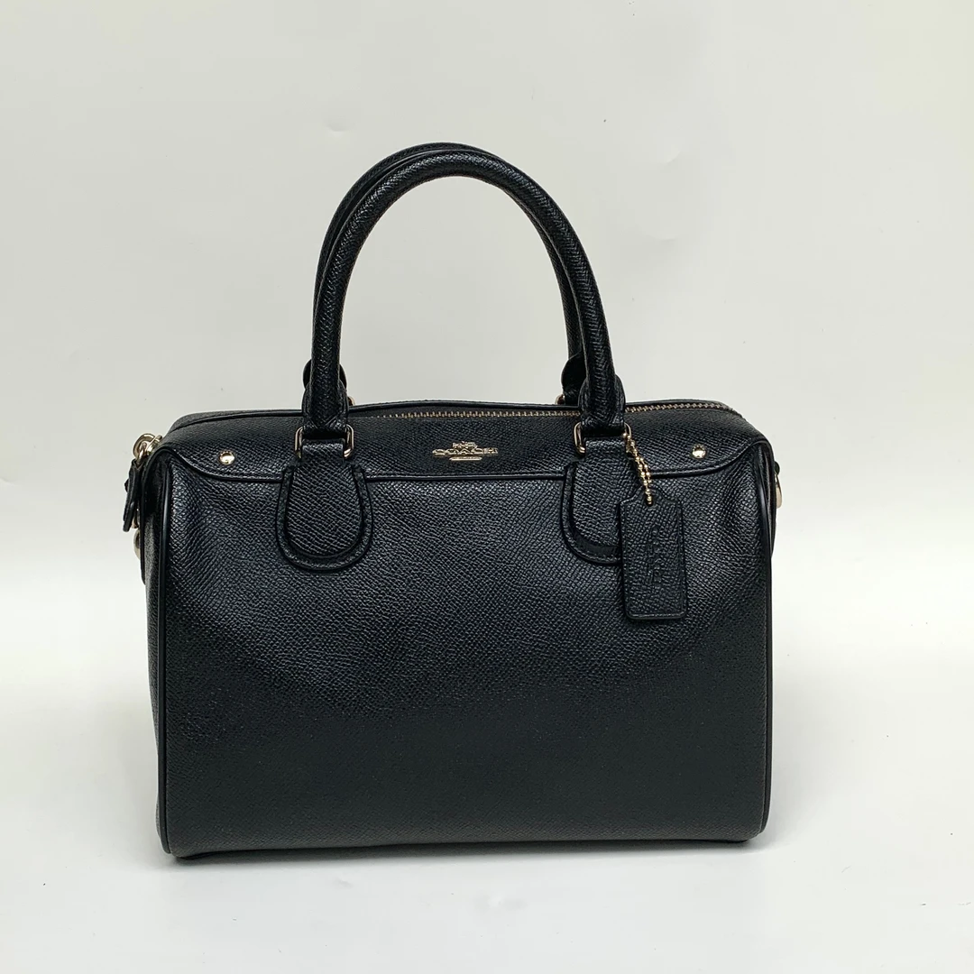 95新 COACH/蔻驰 经典百搭简约时尚荔枝纹黑金手提波士顿少肩带