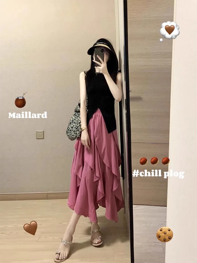 黑色开叉无袖上衣半身裙两件套夏季网红多巴胺甜美减龄穿搭一整套