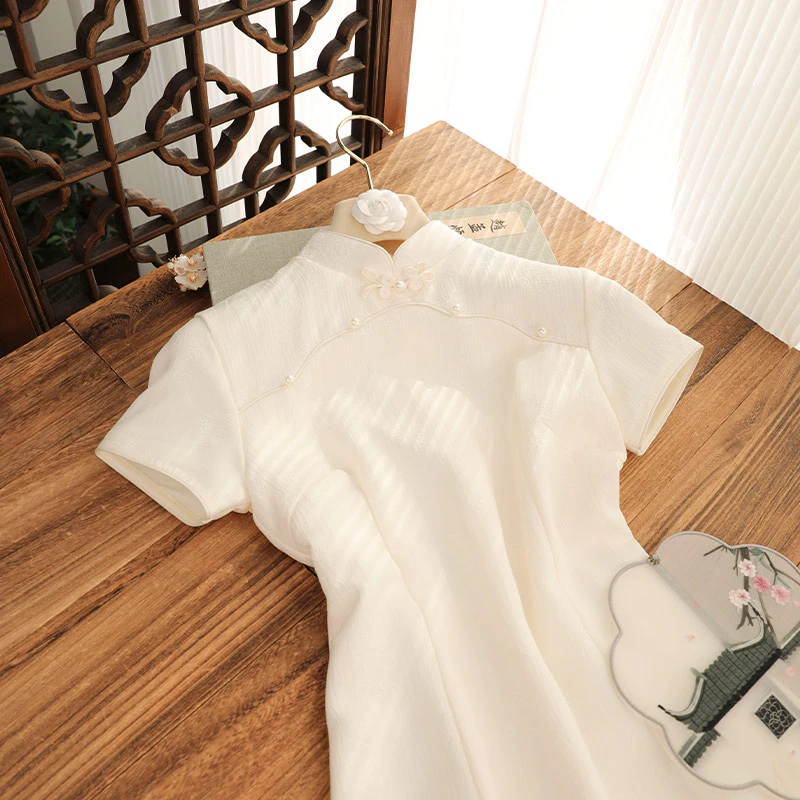 俏娘鱼新中式旗袍国风连衣裙新款订婚礼服女米白文艺清新短袖改良