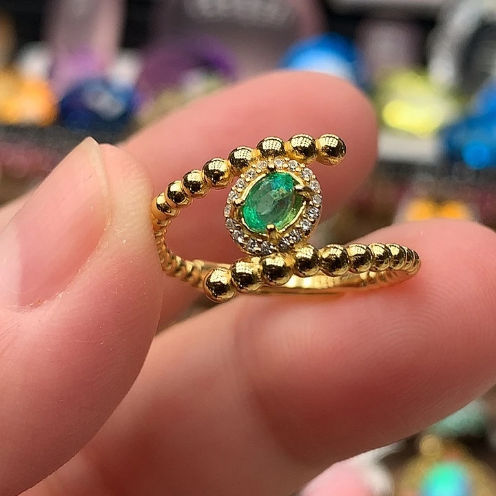 祖母绿银S925镀金镶嵌戒指