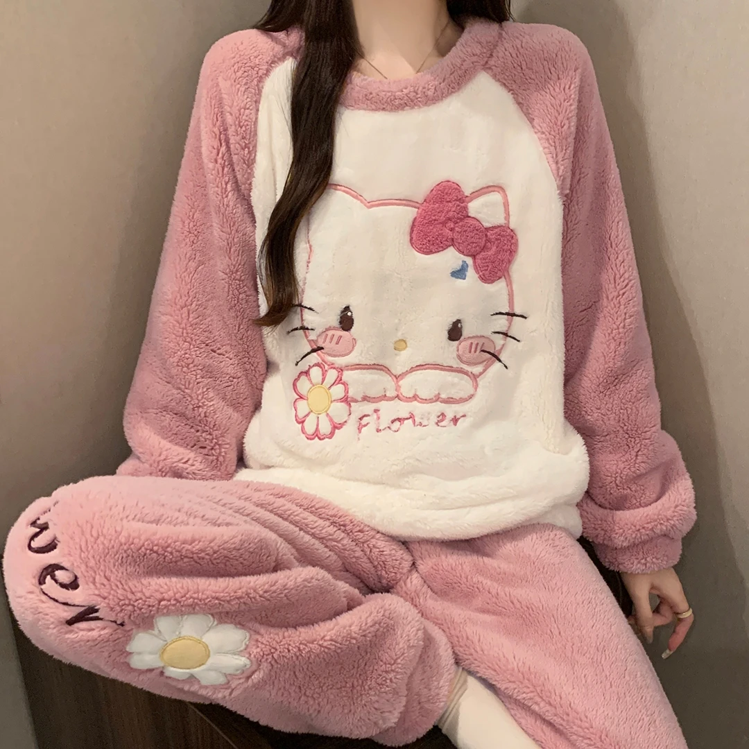 珊瑚绒秋冬季睡衣女加厚法兰绒卡通甜美韩版女士睡衣可外穿家居服
