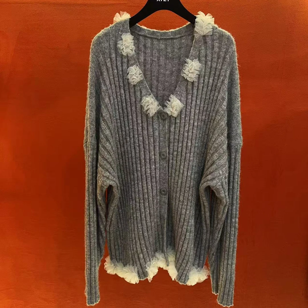 [小乔]高级感立体花朵毛衣外套慵懒复古风针织开衫230