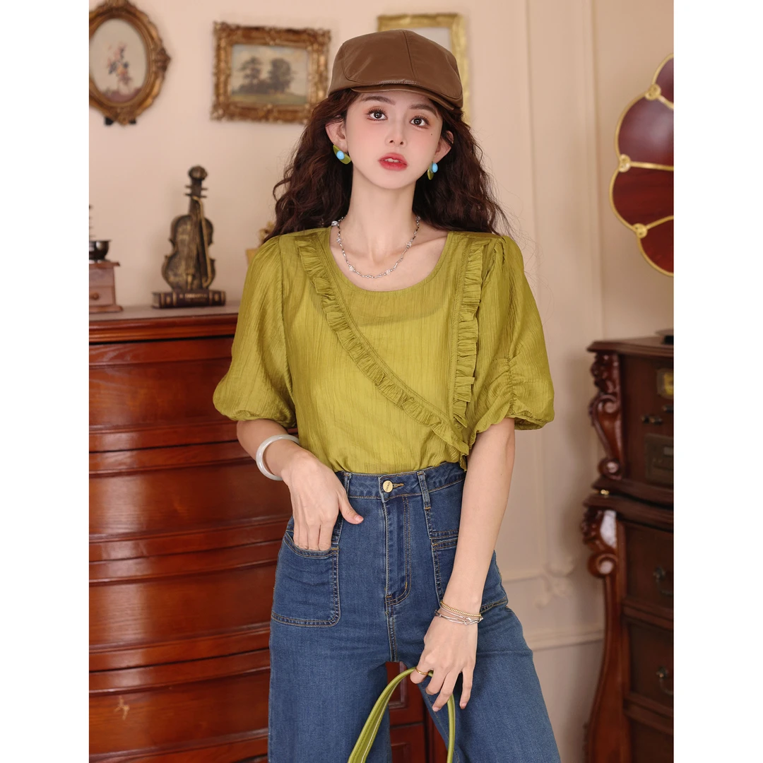 陈大器【晨露荷边】港风复古木耳边拼接夏季百搭夏季衬衫JO1218244
