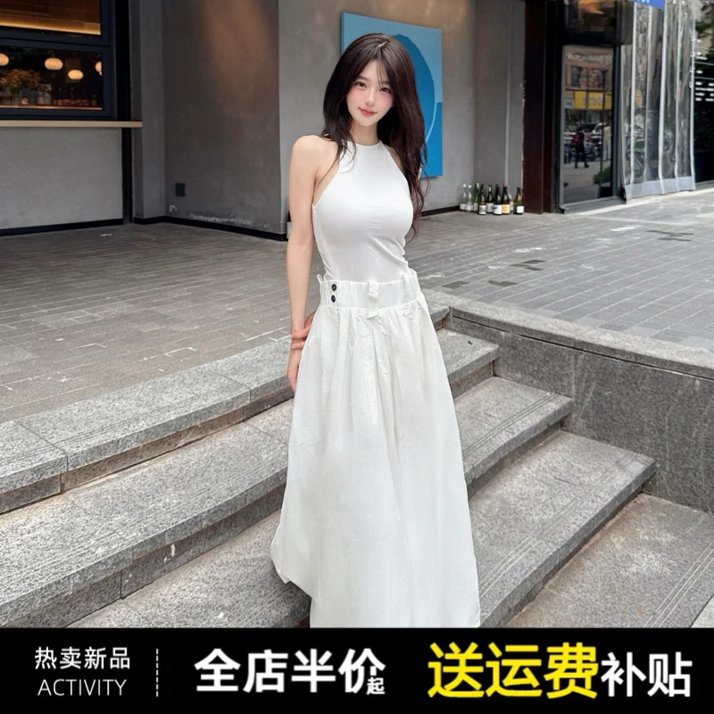2025新款白色无袖背心连衣裙女夏季夏天巨好看小个子收腰工装长裙