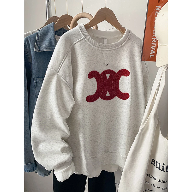 韩版字母刺绣卫衣女2025秋冬新款爆款宽松加绒秋冬慵懒加绒上