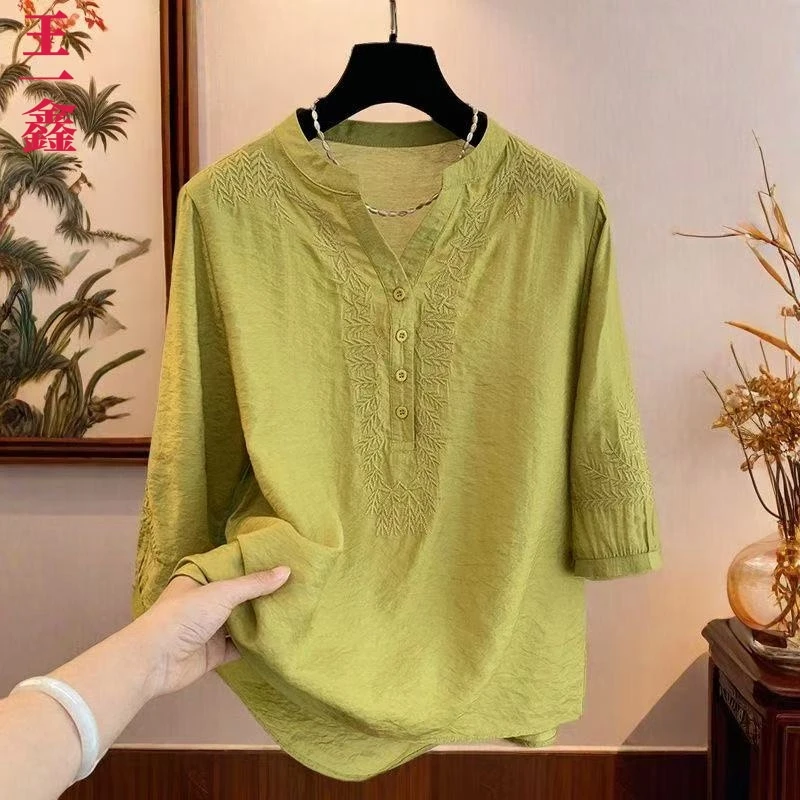 妈妈夏装T恤+裤子套装新中式洋气中老年人女装宽松上衣衬衫民族风