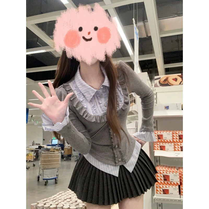 学院风秋冬新款蓝色衬衫假两件上衣拼接木耳边针织衫辣妹短裙套装
