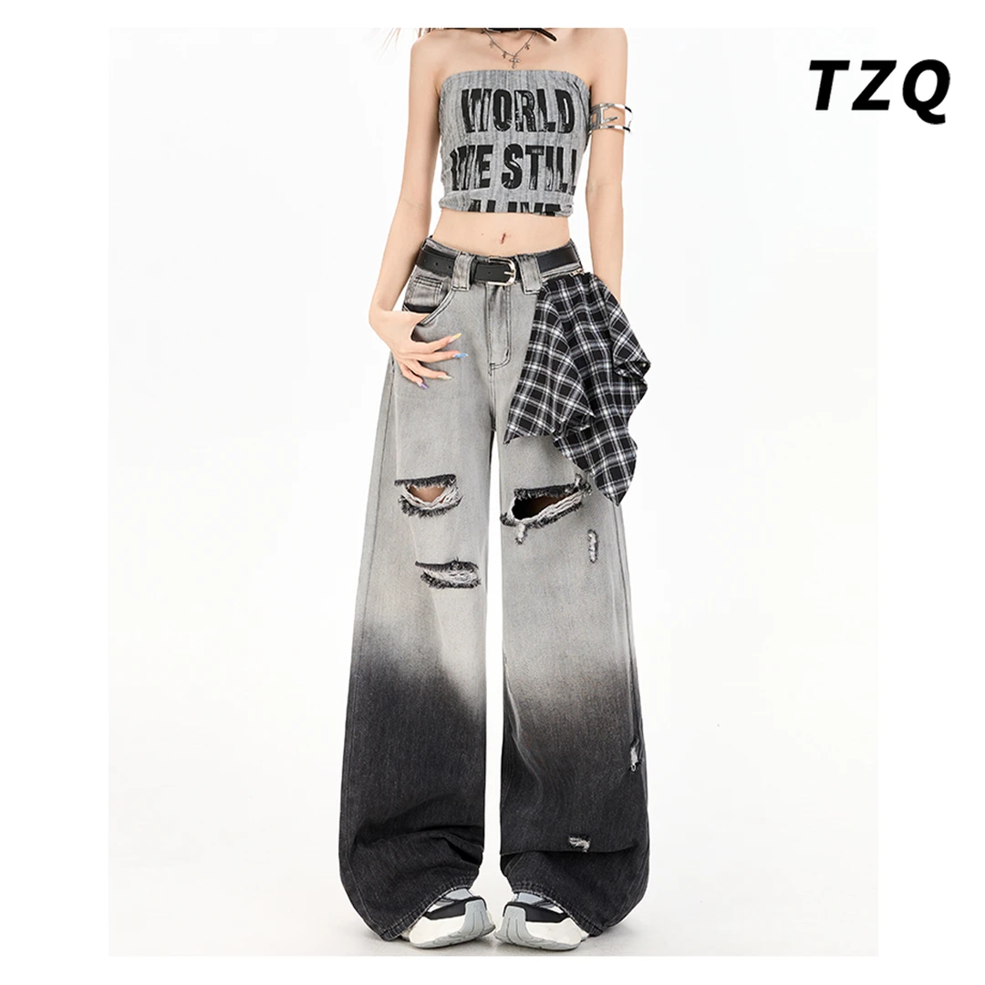 高腰磨破牛仔裤女款爆款2025夏季新款宽松日系阔腿裤TZQ25072501