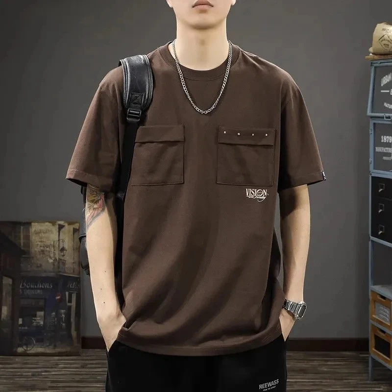 夏季重磅2025新款双口袋印花短袖T恤男潮流工装圆领半袖体恤上衣