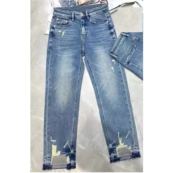 7336#【裤长92左右】春夏新款蓝色破铜设计显瘦遮肉九分烟管牛仔裤