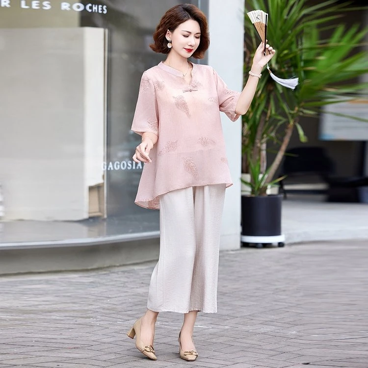 母亲节薄款V领常规款中老年女装宽松中年阔腿裤夏装绣花洋气