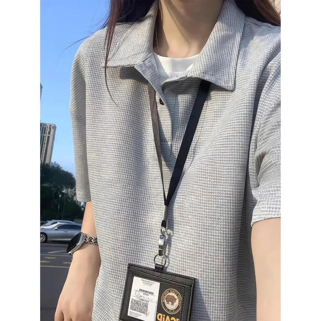 美式假两件polo衫短袖男女夏薄款华夫格t恤高级感痞帅工作服男装