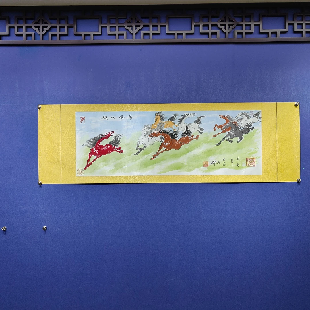 王志武 《盛世八骏》六尺对开 丝绸 210*50cm-古墨堂