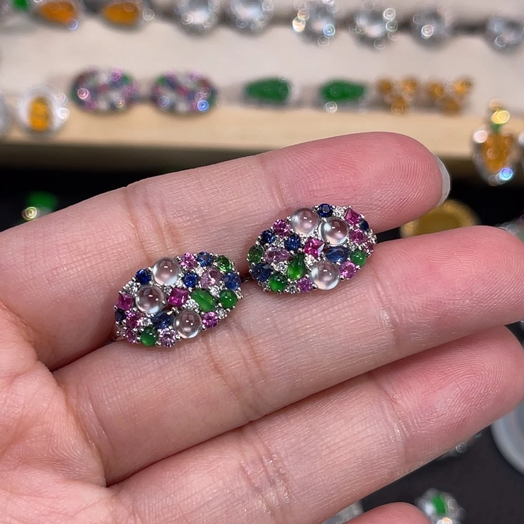 翡翠18K金镶嵌耳饰多宝