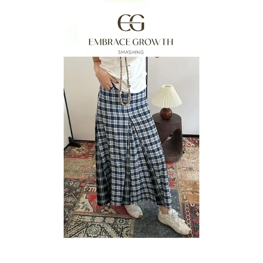 格子拼接半裙/EMBRACE GROWTH/简约小众立体剪裁流苏边 24DQ023