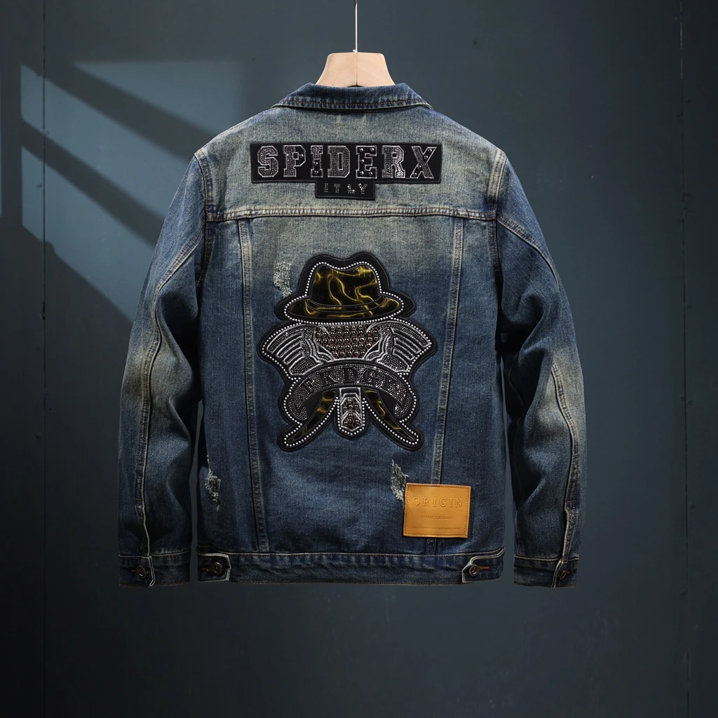 黛芮奈勒新款帽子皮水洗牛仔外套男春秋季工装夹克休闲帅气翻领