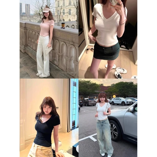 【片刻软语】cooka*巨显瘦！天ss正肩V领短袖上衣～034