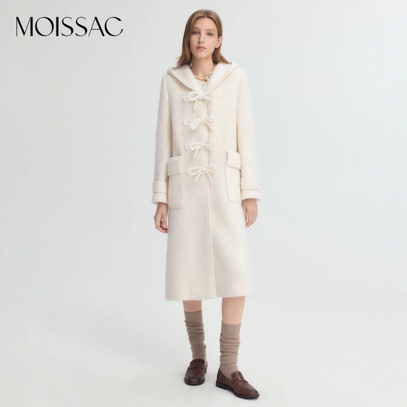 商场同款 摩萨克冬绵羊毛蝴蝶结连帽长款毛呢大衣外套女MWED72104