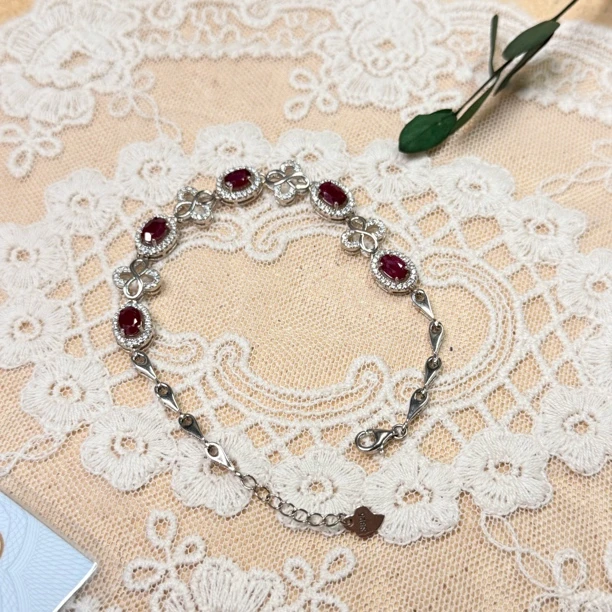 90新  【六六中古】复古银925红宝石手链th6571手围18以内