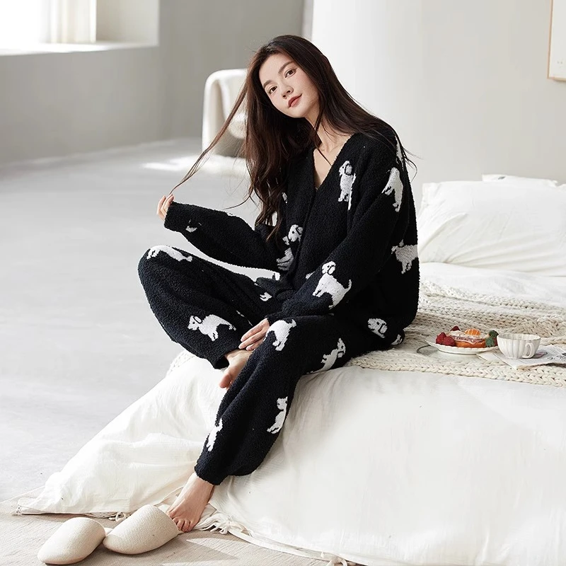 半边绒睡衣女款秋冬季2025新款加厚保暖长袖开衫可外穿家居服套装