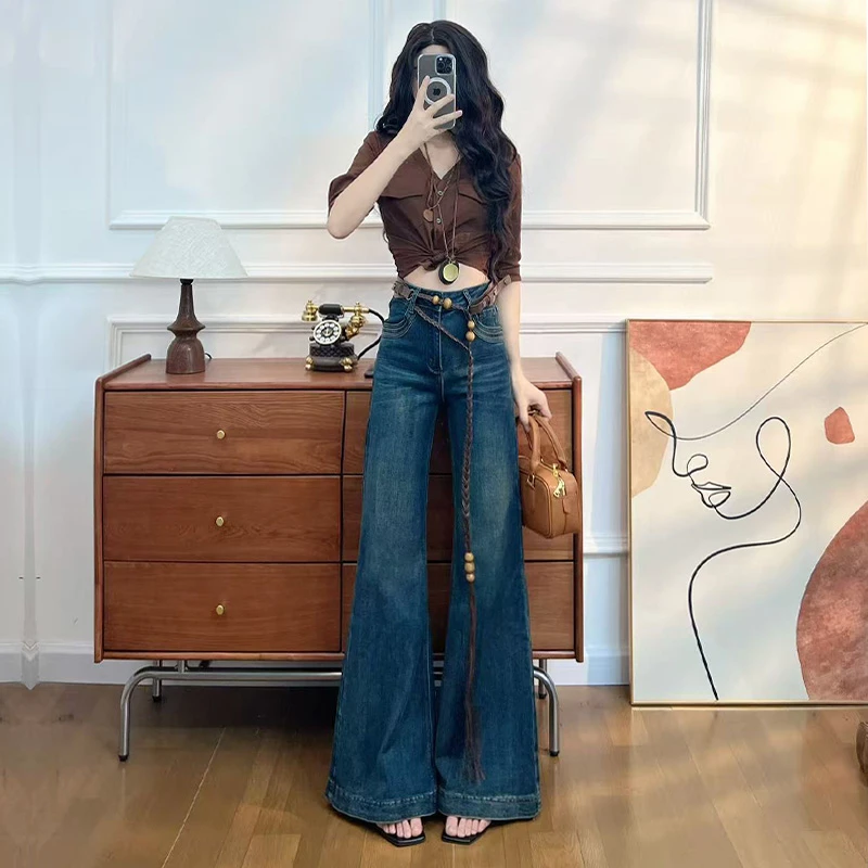 喜绚设计感牛仔裤女2025春秋冬新款潮流爆款高级腰带配饰直筒裤子