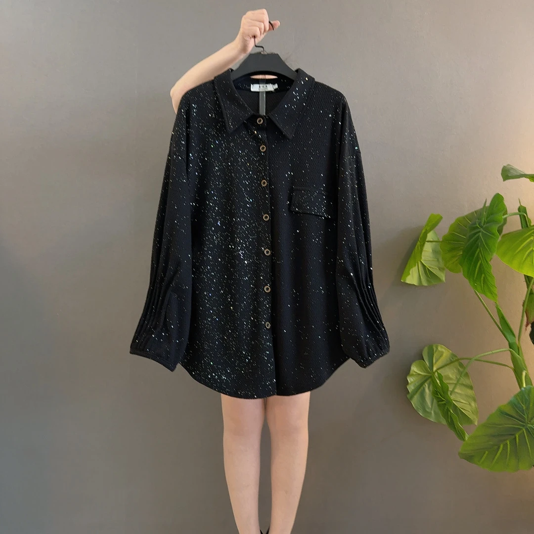 韩版宽松显瘦亮片衬衫中长款气质长袖