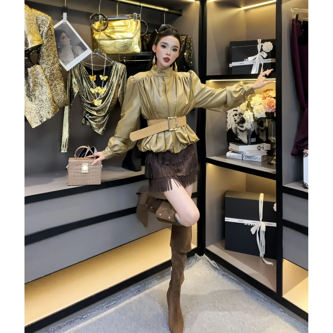 欧货女装-（无腰带）早秋新款小众设计感泡泡袖洋气上衣