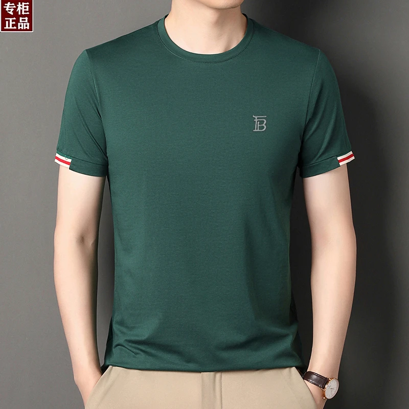 欧洲轻奢英伦夏季新款长绒棉男短袖T恤纯色圆领休闲百搭短袖男t恤