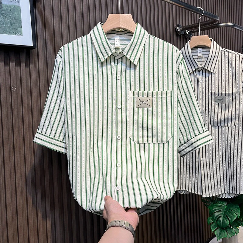 夏季新品经典条纹衬衫男士百搭泡泡纱透气舒适休闲高品质衬衫上衣