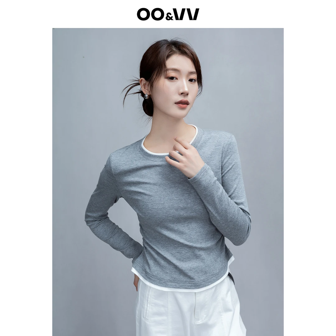 OO&VV假两件纯色长袖T恤女2025秋新圆领修身显瘦打底衫撞色上衣
