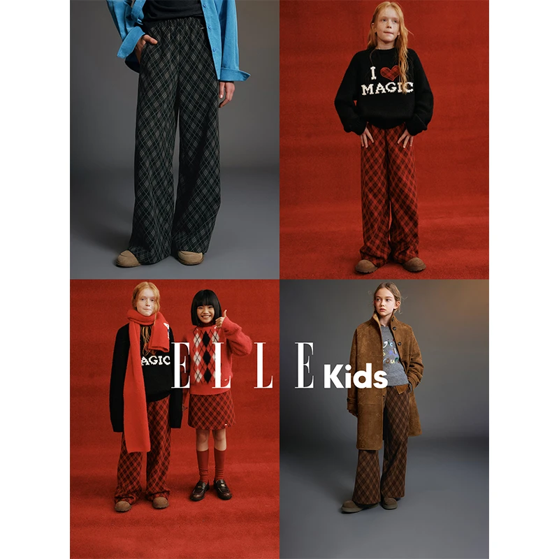 ELLEKIDS童装 经典菱形格纹长裤女童秋冬新款全腰松紧呢料裤子D4