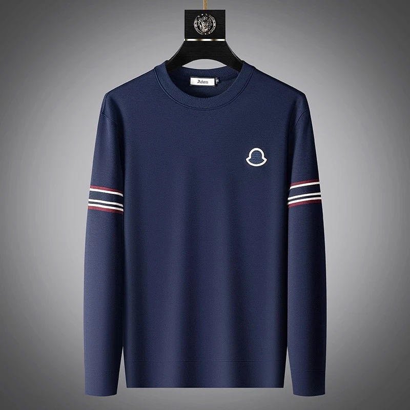 约文库费春秋季刺绣圆领卫衣男士拼色修身套头上衣休闲长袖体恤衫