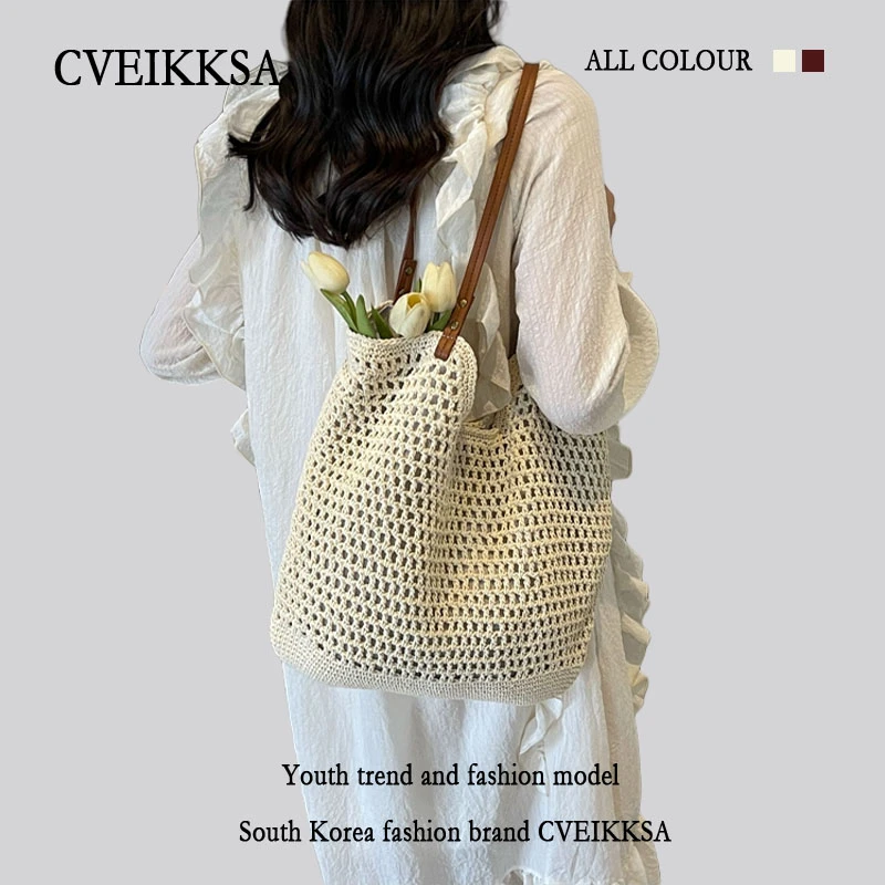 新款大容量小包单肩棉线编织包镂空托特包夏天沙滩包包包