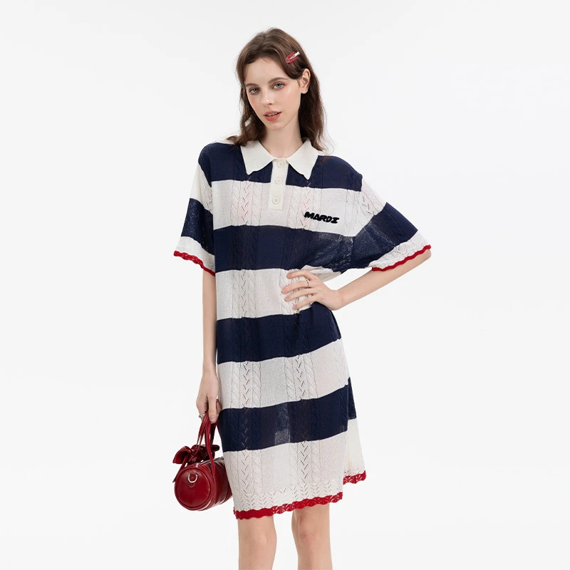 Mardi韩系条纹POLO领连衣裙女25夏新款莱赛尔小众轻奢设计感裙子