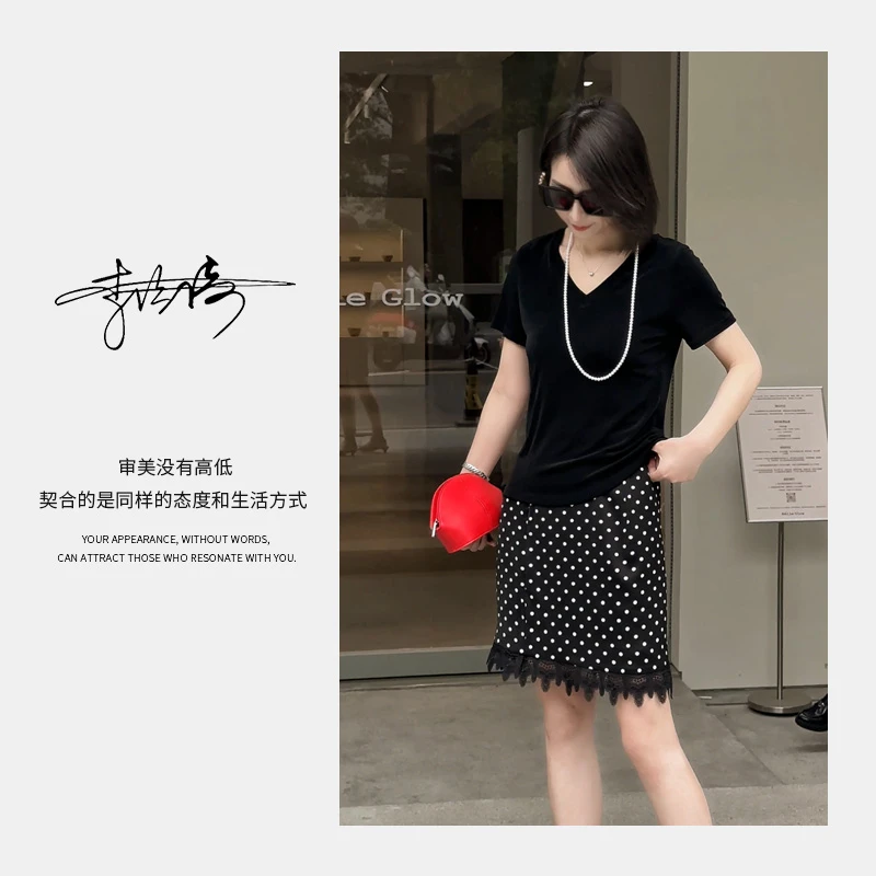 JIA YI |【重磅醋酸T】夏日凉感V领短袖T恤女装黑色时尚显瘦V领上衣