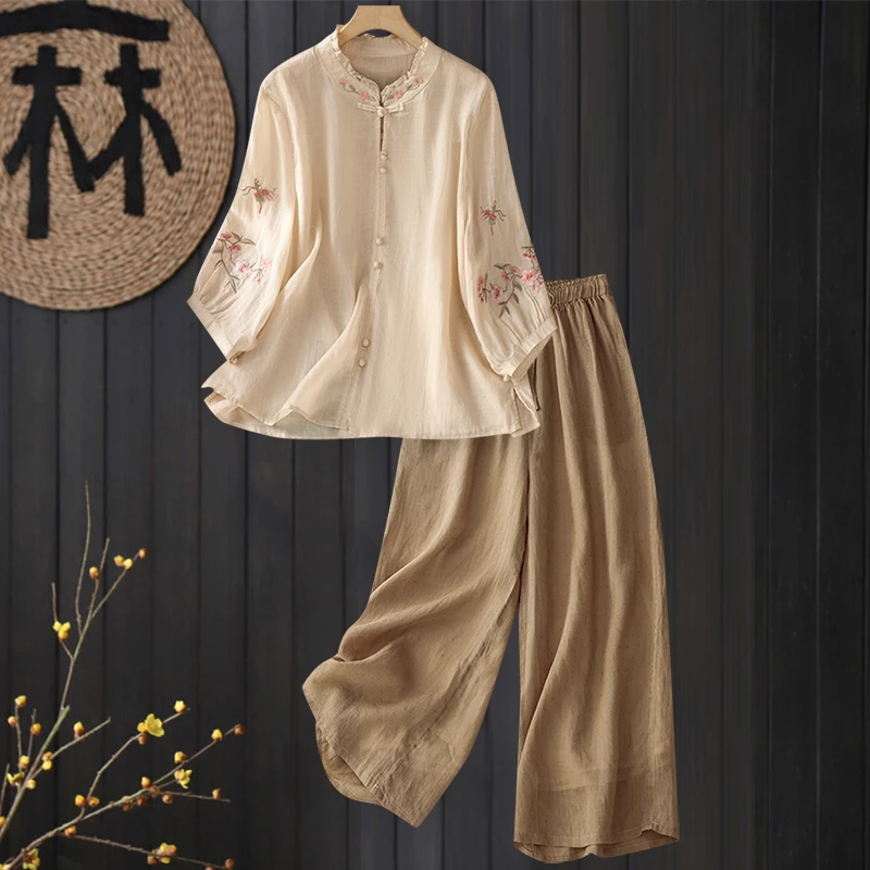 新中式国风亚麻套装女士2025夏装新款妈妈高端苎麻刺绣衬衫两件套