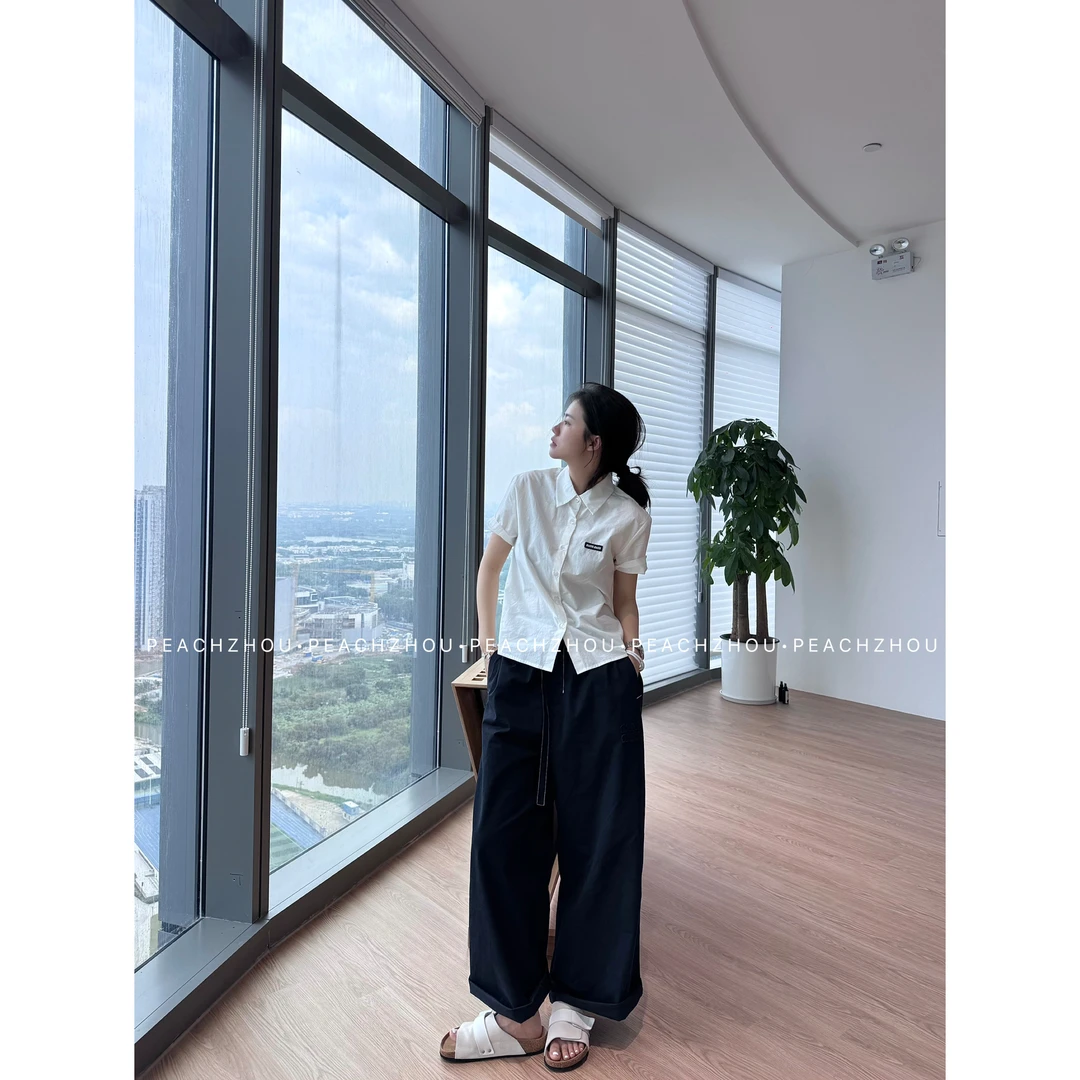 『PEACHZHOU』棉麻徽标MIU系宽松翻领衬衫简约休闲百搭学院风短袖女